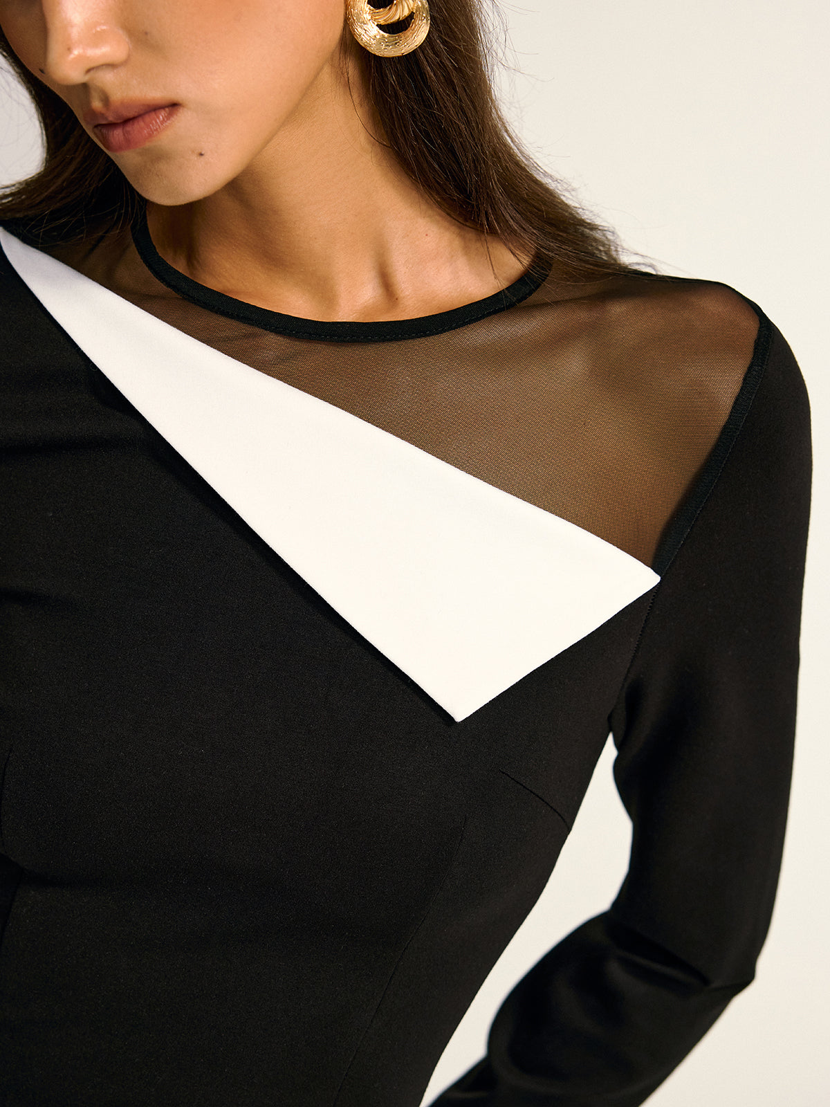 Mesh Neck Contrast Panel Asymmetrical Blouse