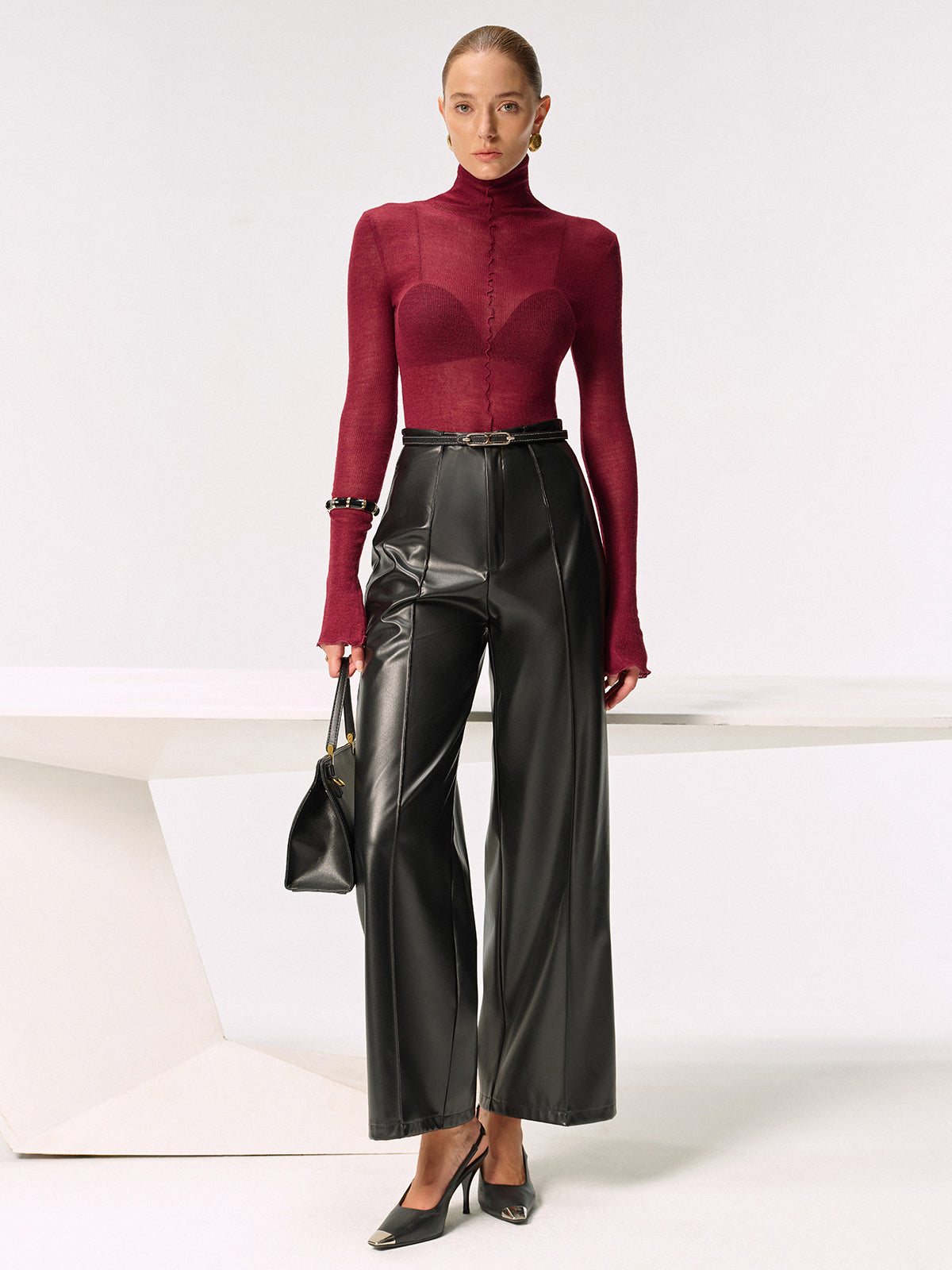 Sheer Turtleneck Wool Blend Sweater