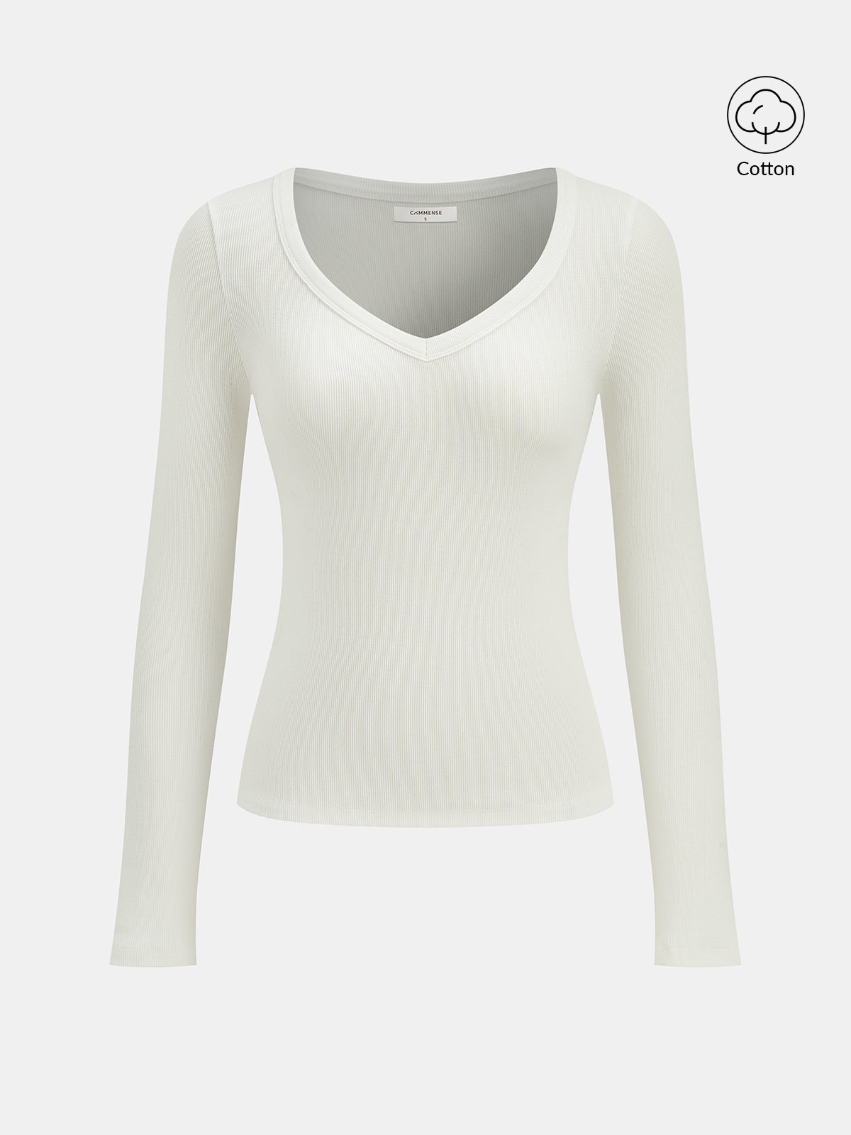 Geripptes Langarm-T-Shirt mit V-Ausschnitt aus Baumwollmischung