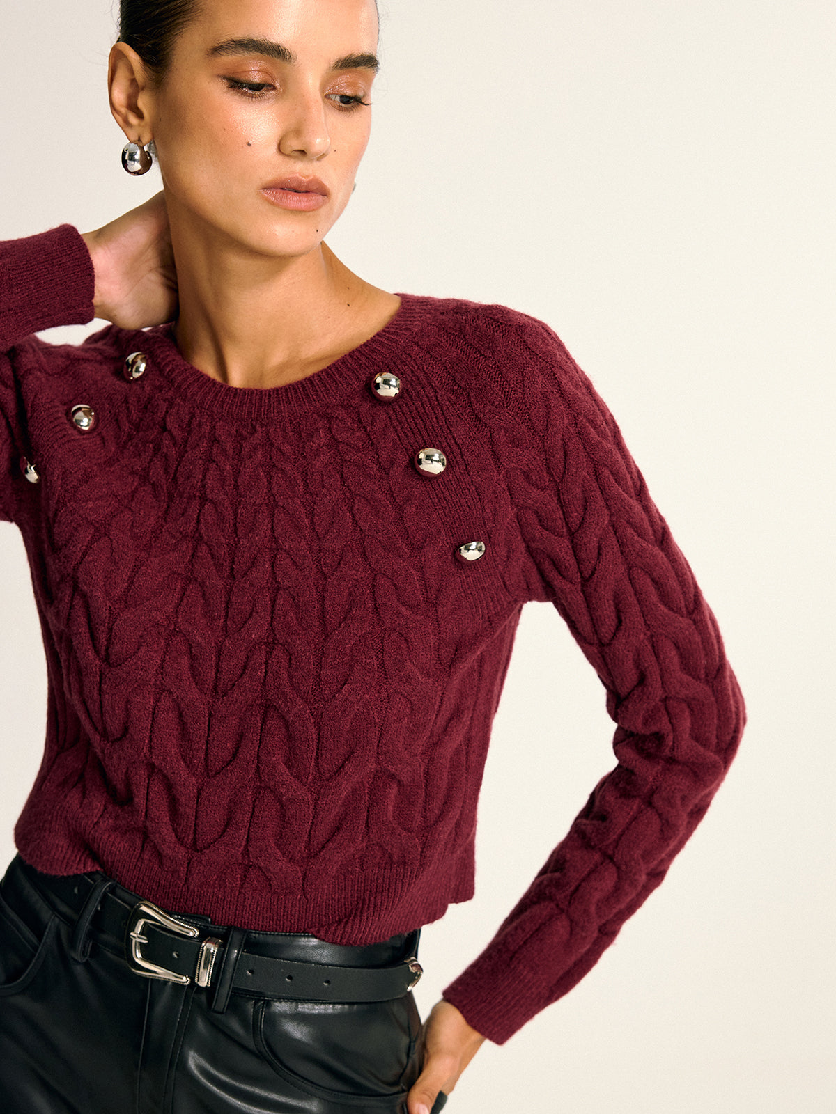 Metal Detail Cable Knit Round Neck Sweater
