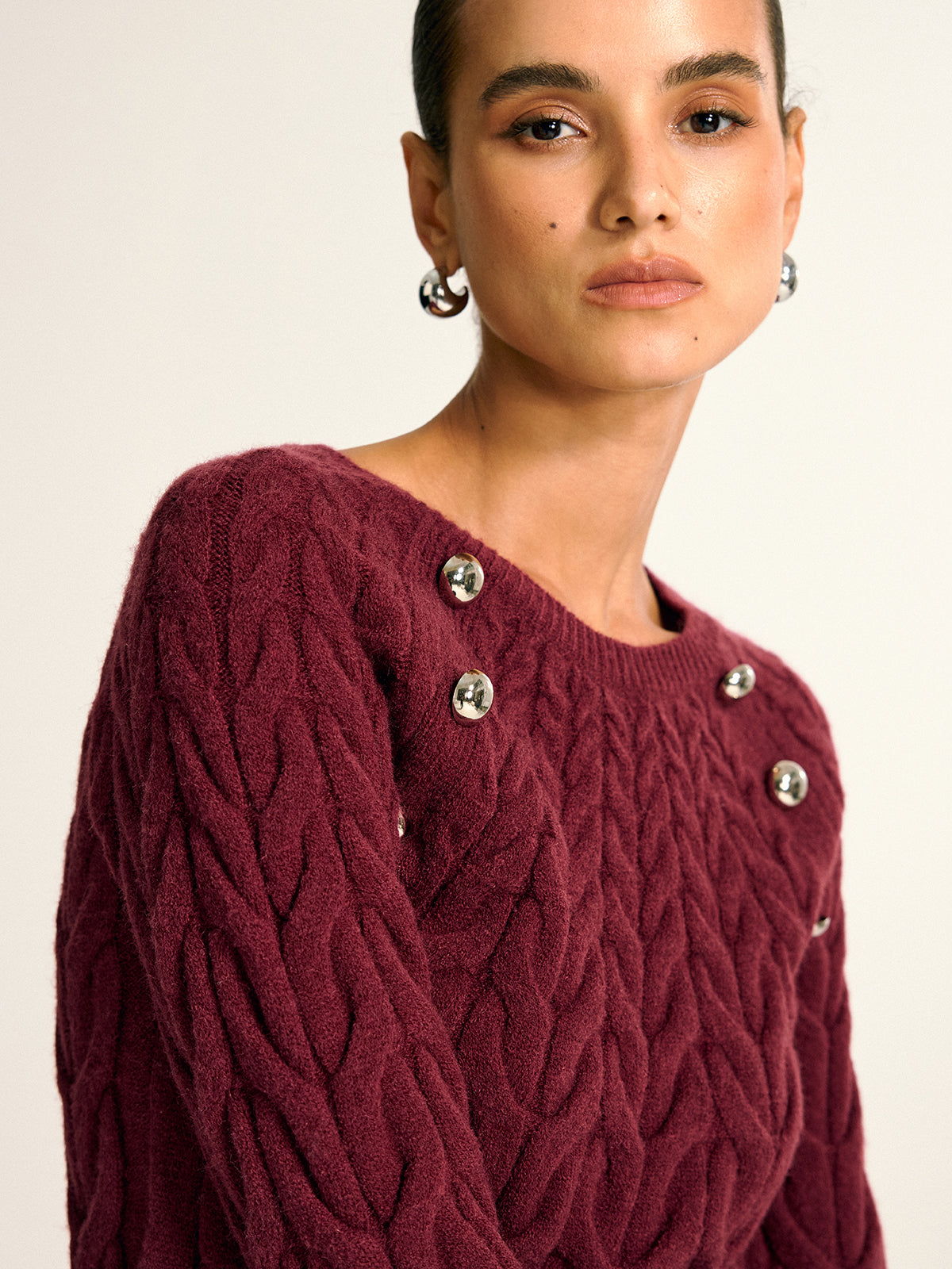 Metal Detail Cable Knit Round Neck Sweater