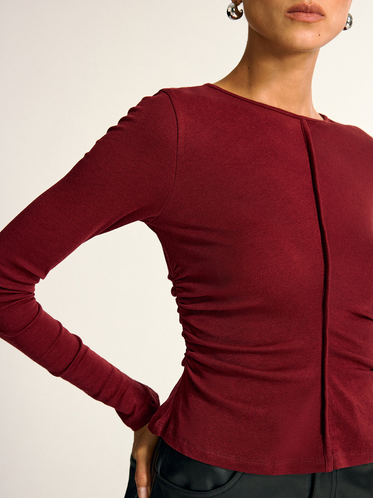 T-shirt à manches longues froncé en mélange de laine