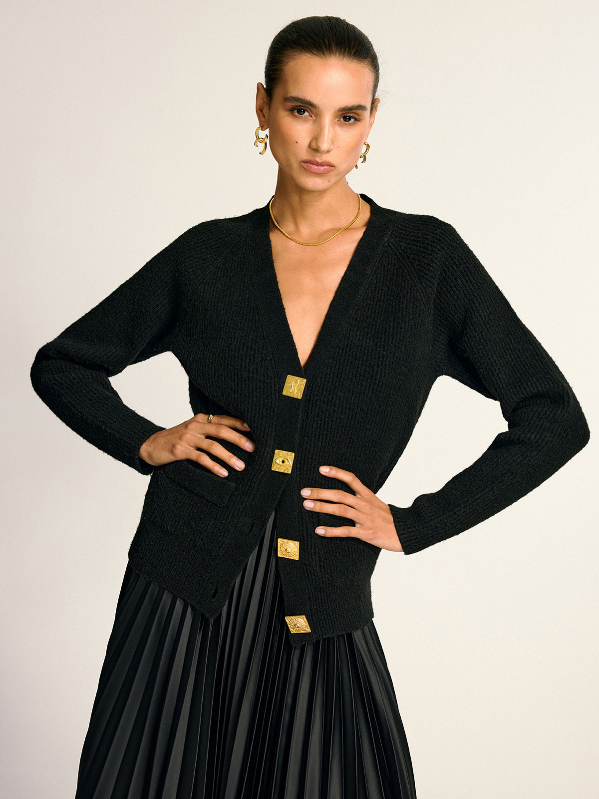 Metal Button V-Neck Wool Blend Cardigan