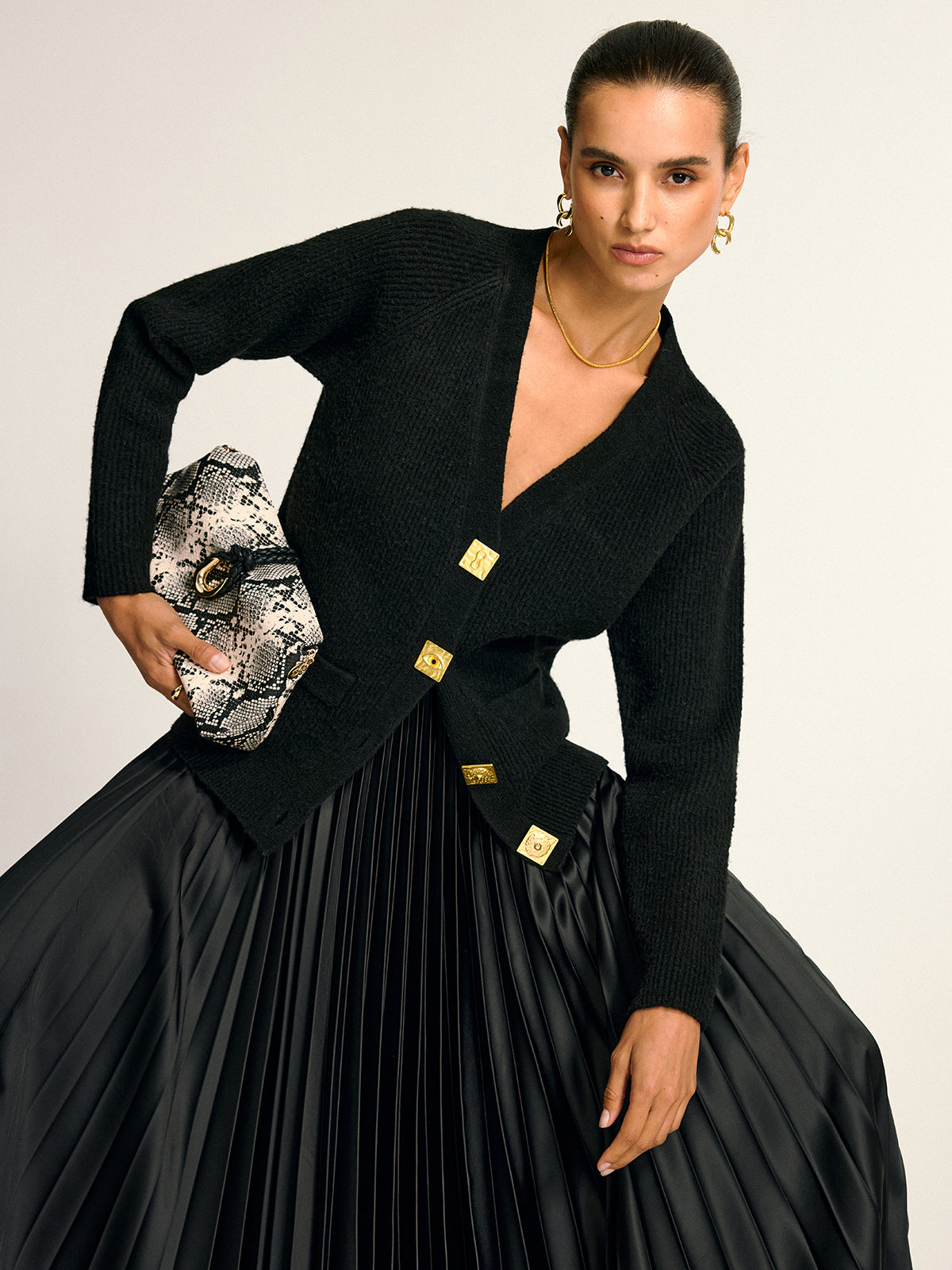 Metal Button V-Neck Wool Blend Cardigan