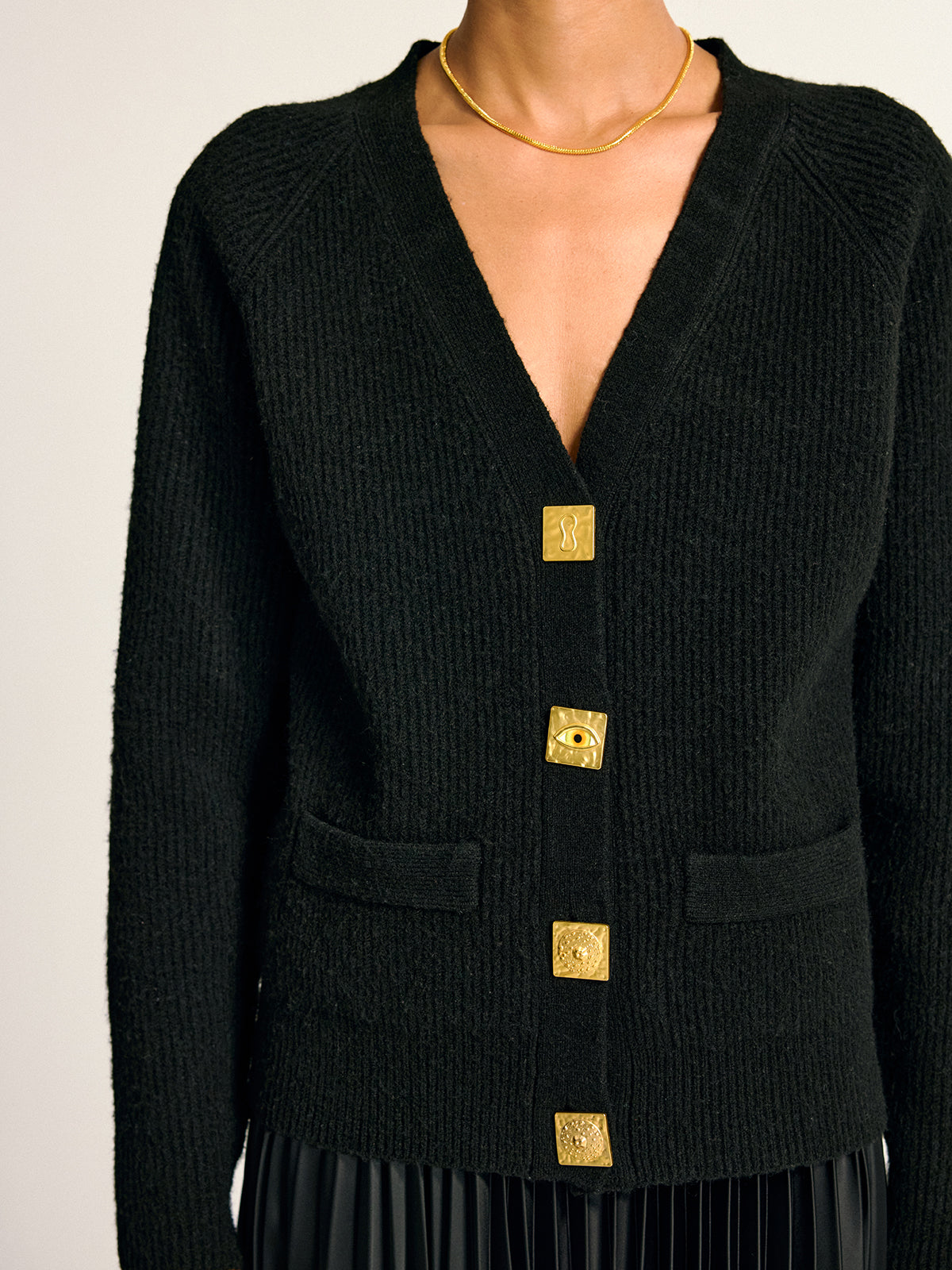 Metal Button V-Neck Wool Blend Cardigan