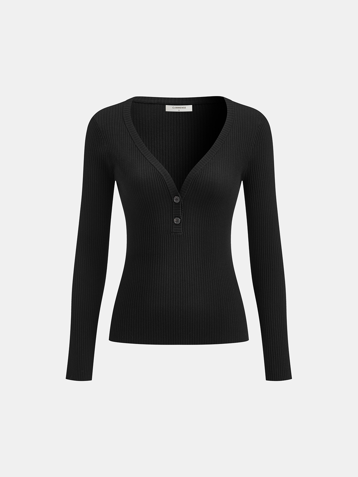 Button Placket Ribbed Knit Fitted V-Neck Top