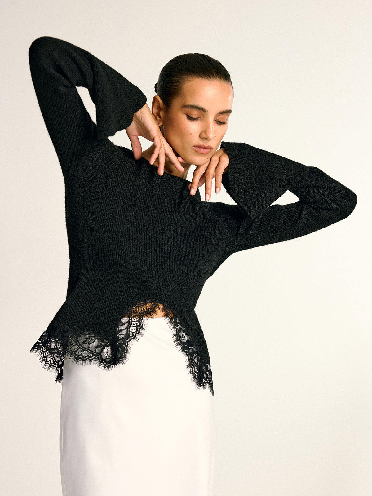 Lace Hem Bell Sleeve Wool Blend Knit Top