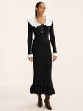 Contrast Ruffled Collar Knit Midi Dress