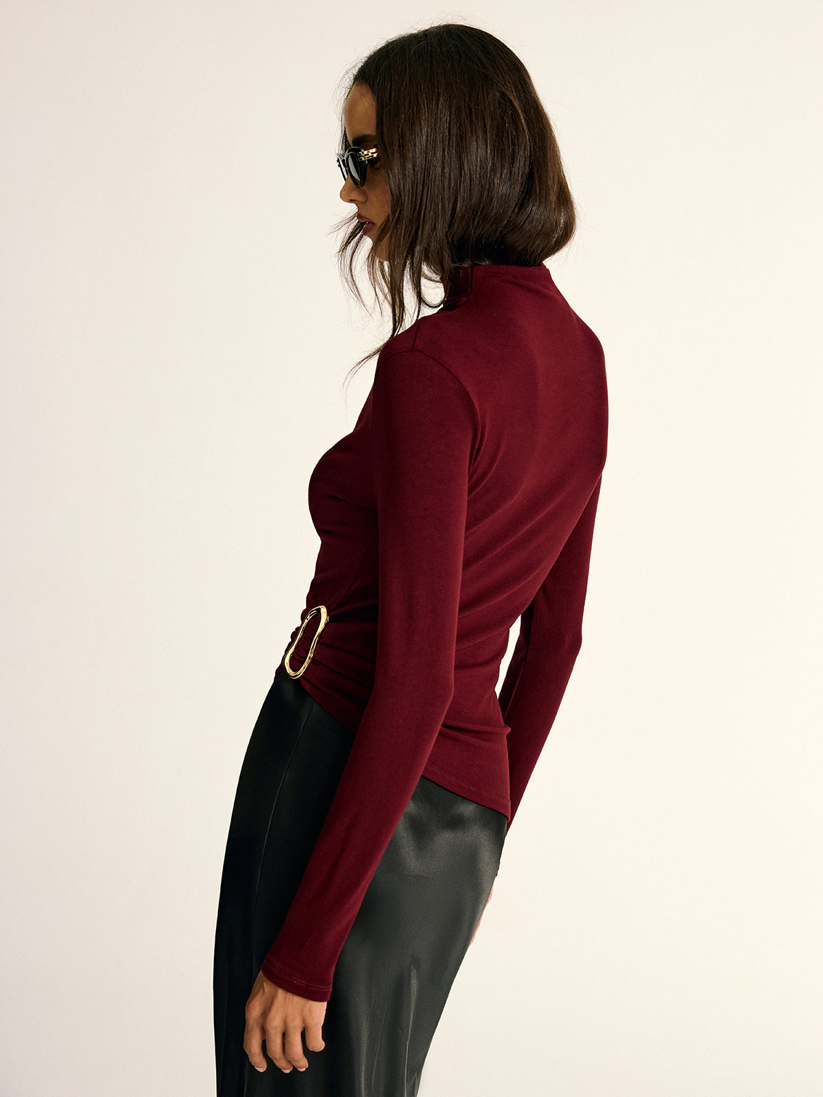 Metal Buckle Asymmetric Mock Neck Blouse