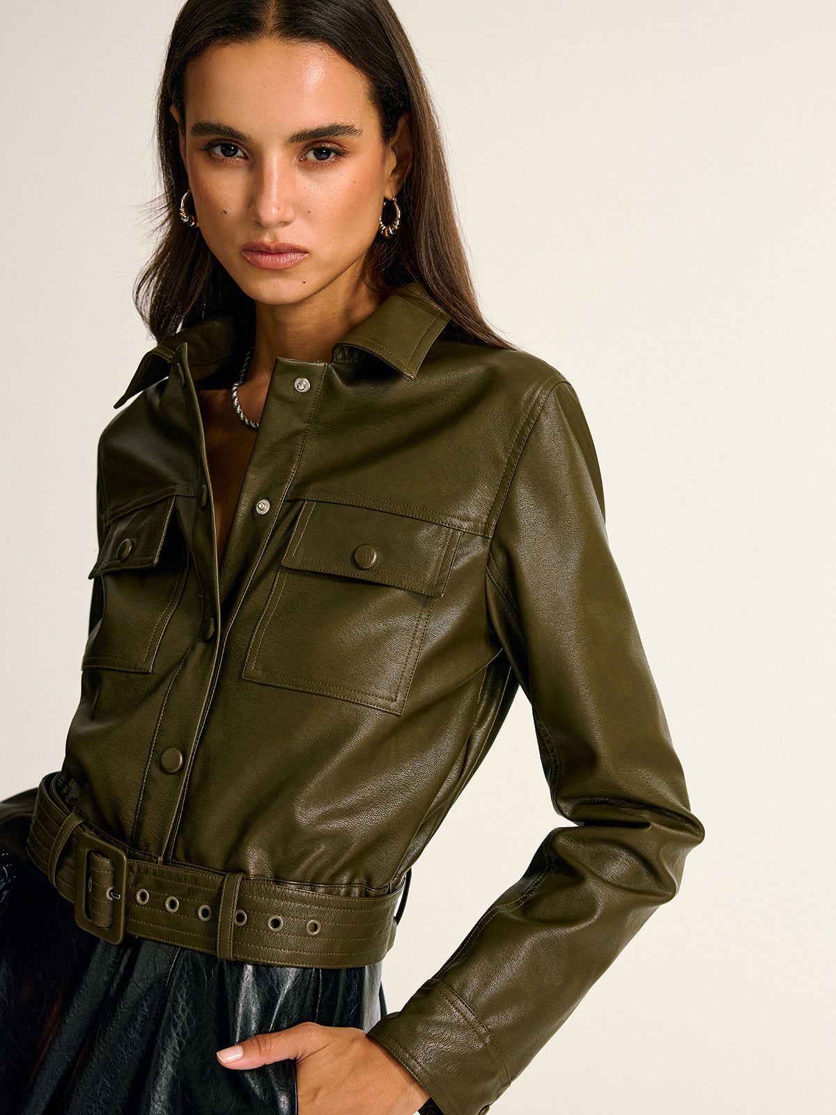 Belted PU Leather Cargo Shirt Jacket