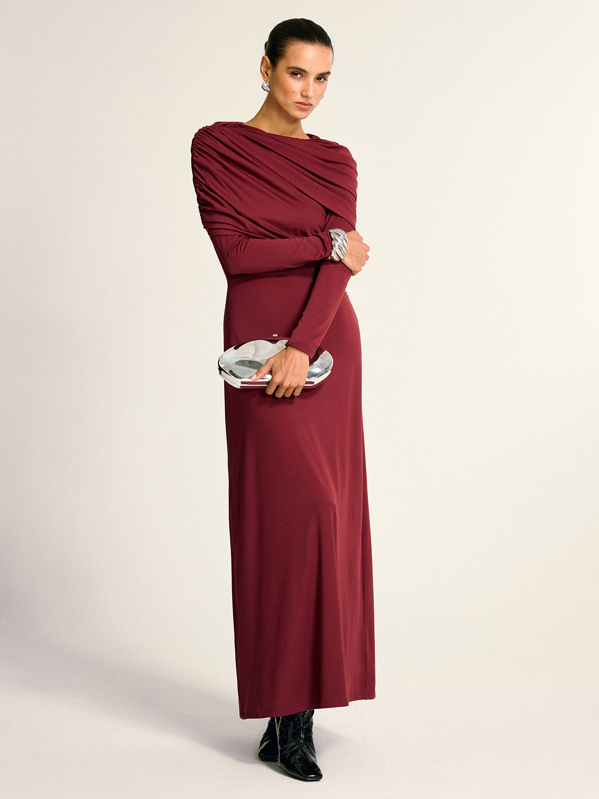 Draped Long Sleeve Maxi Dress