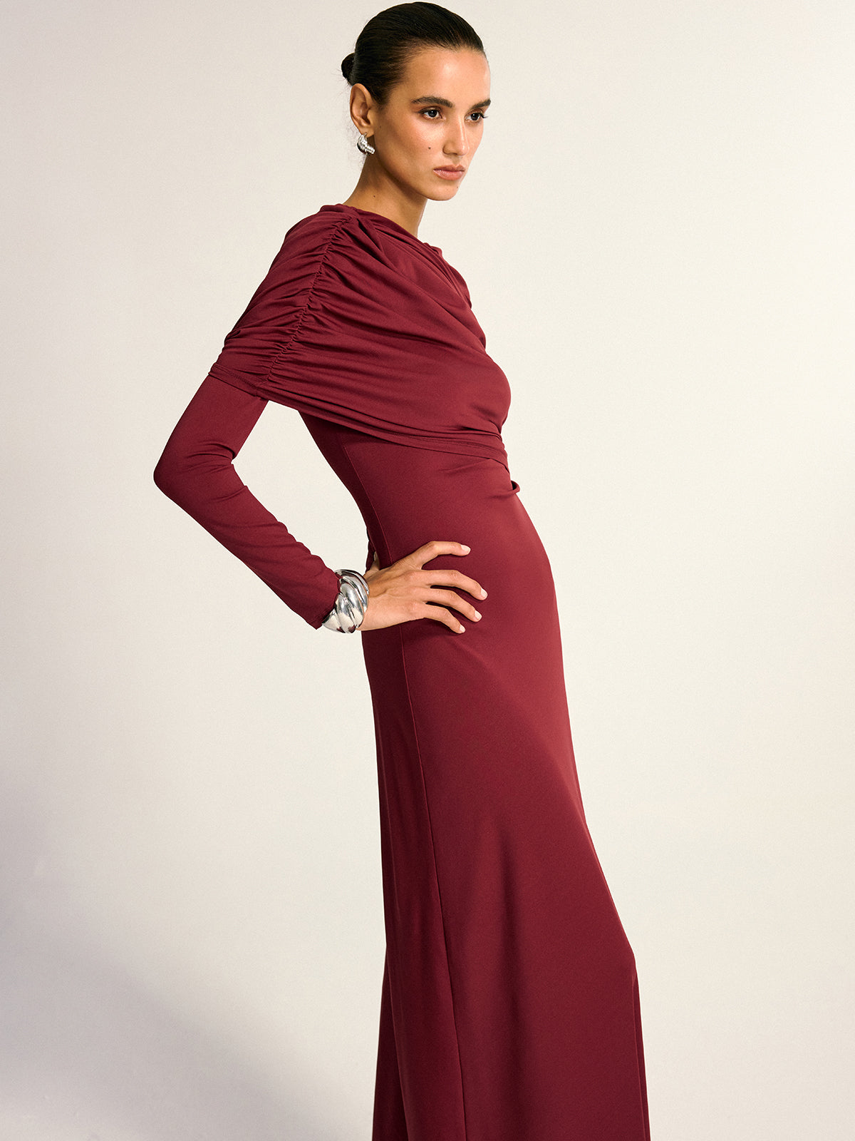 Draped Long Sleeve Maxi Dress
