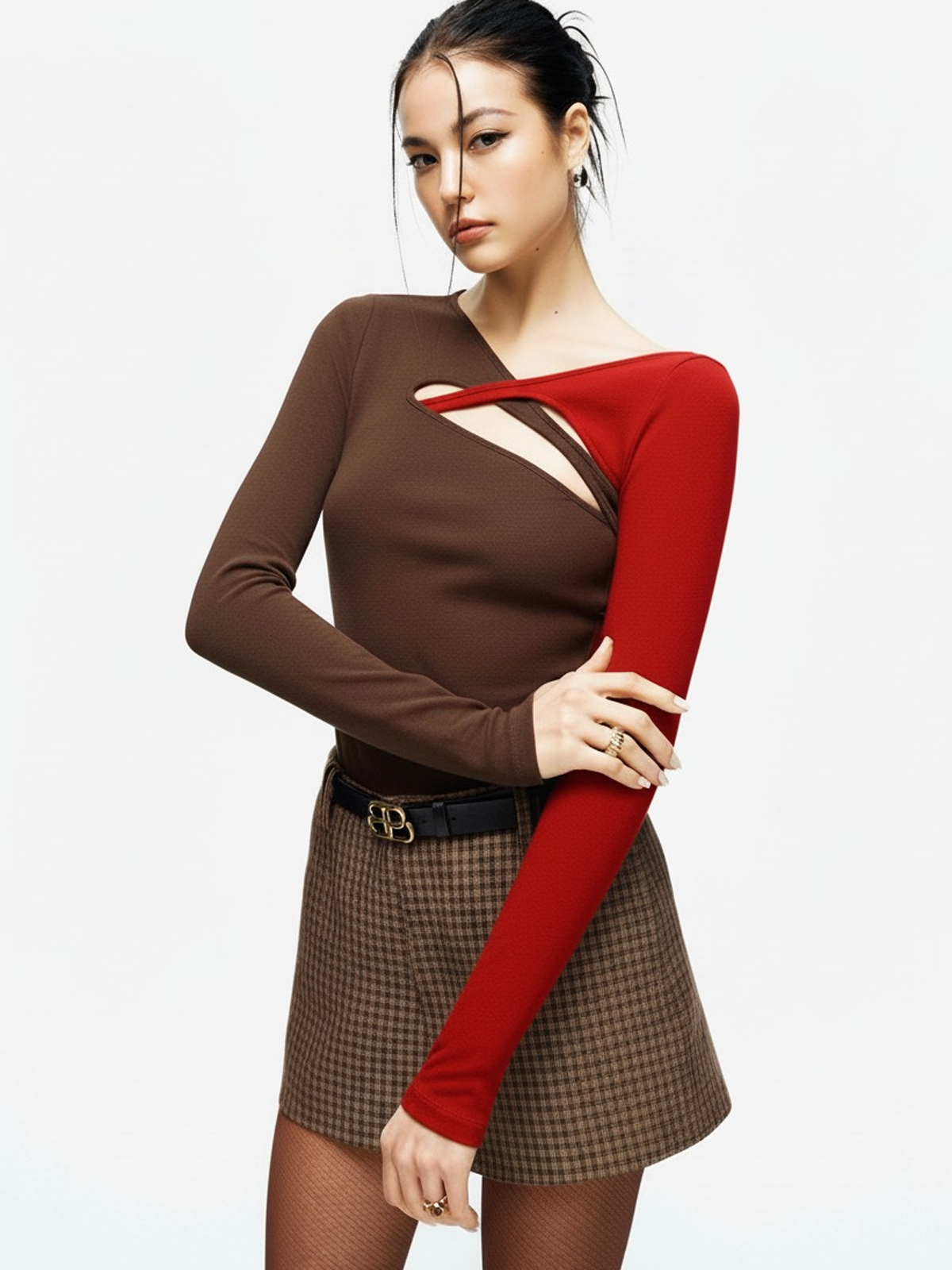 Asymmetric Two-Tone Cut-Out Long Sleeve Blouse