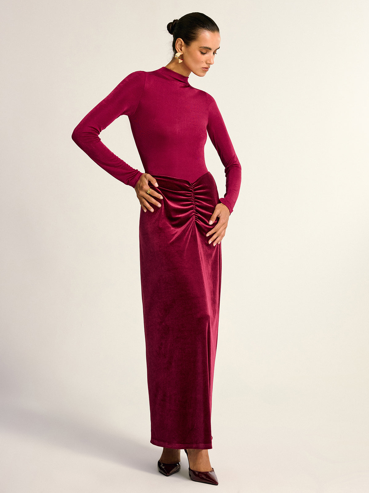 Velvet Panel Mock Neck Backless Maxi Dress