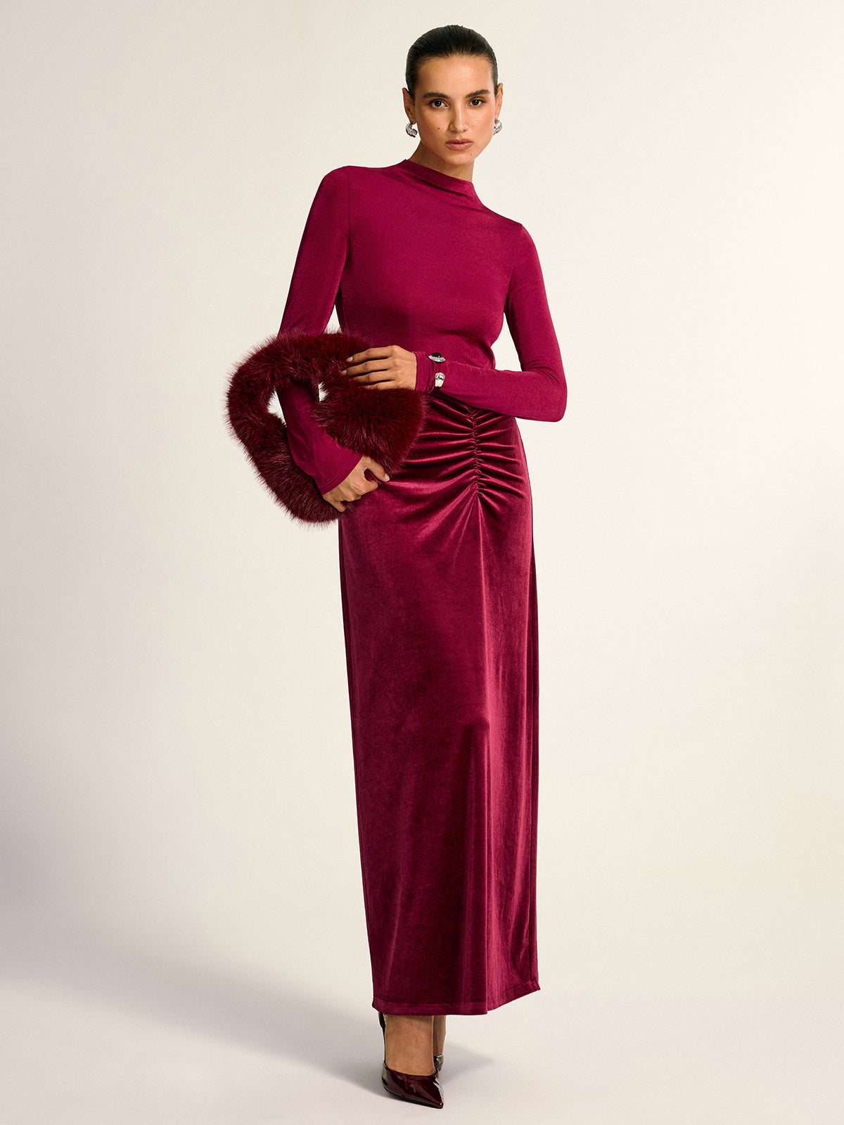 Velvet Panel Mock Neck Backless Maxi Dress