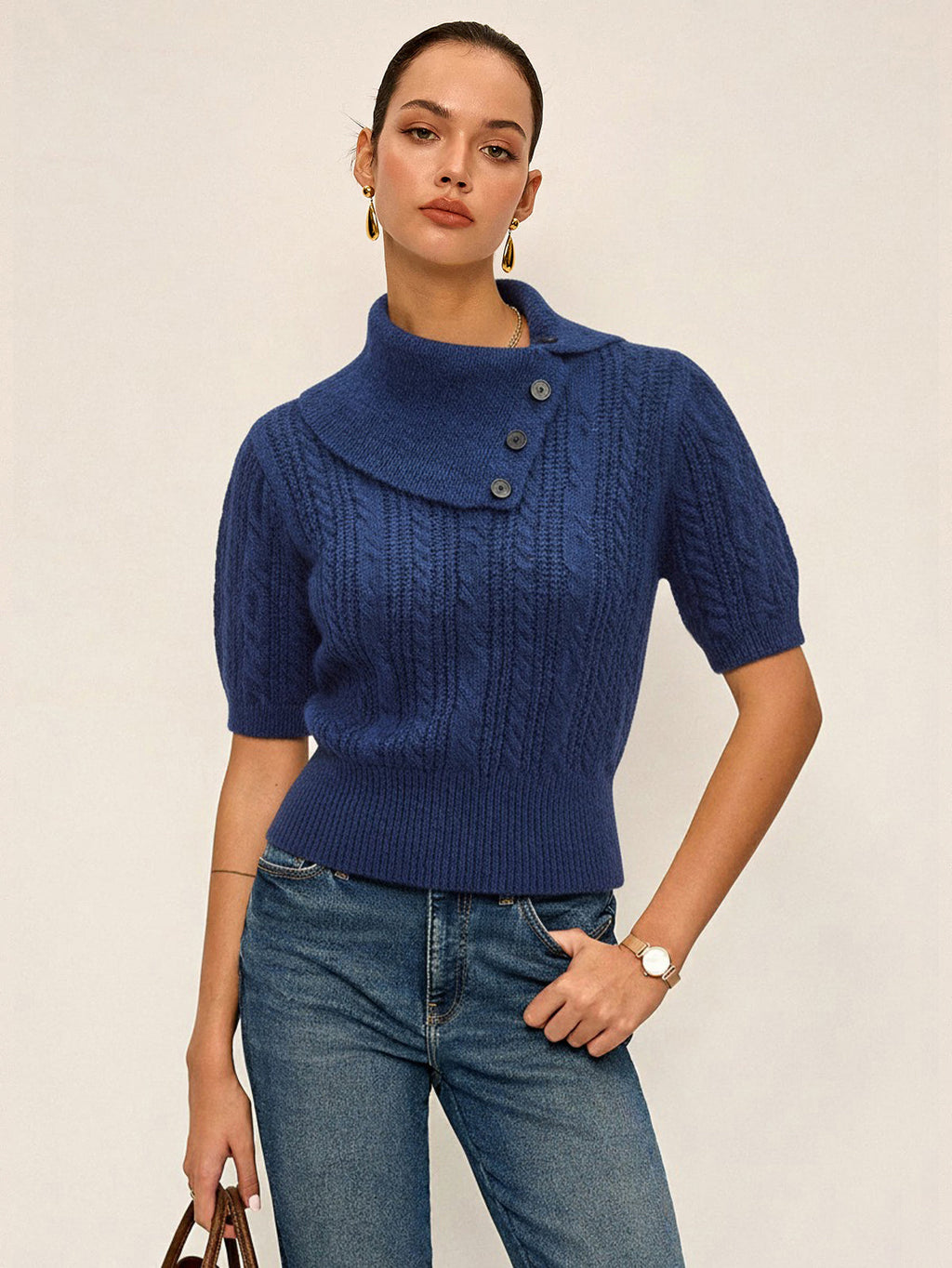 Wool Blend Large Lapel Cable Knit Sweater