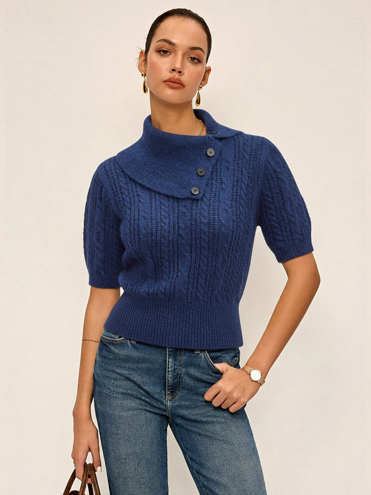 Wool Blend Large Lapel Cable Knit Sweater