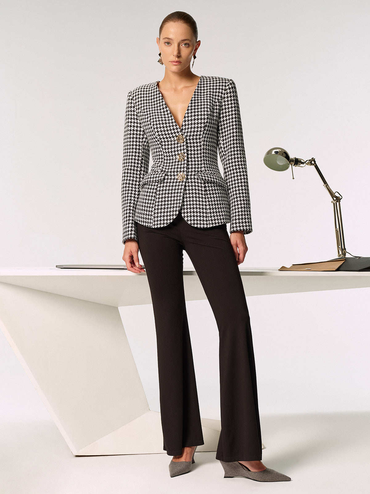 Metal Button Houndstooth Blazer