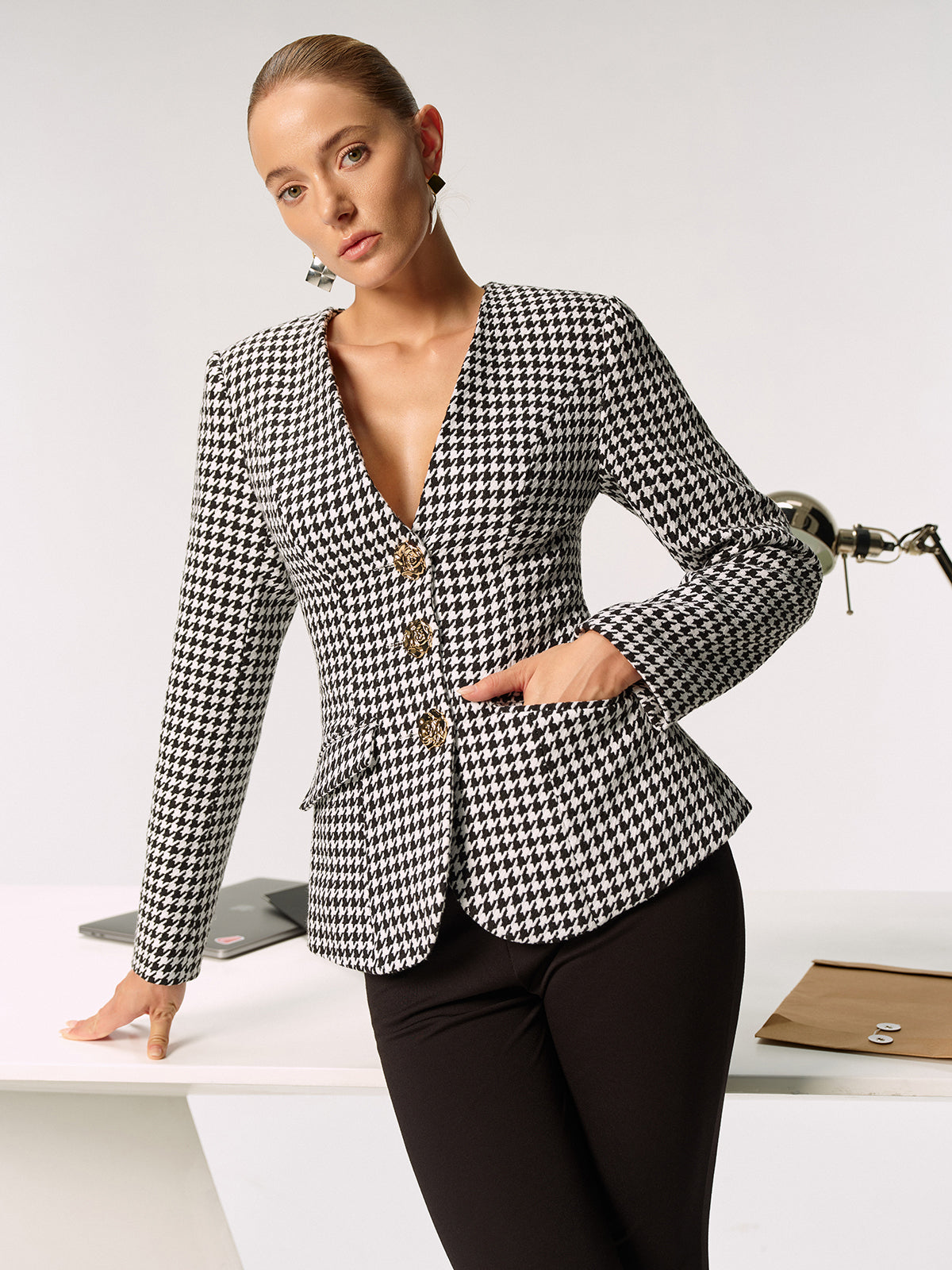 Blazer pied-de-poule à boutons métalliques 