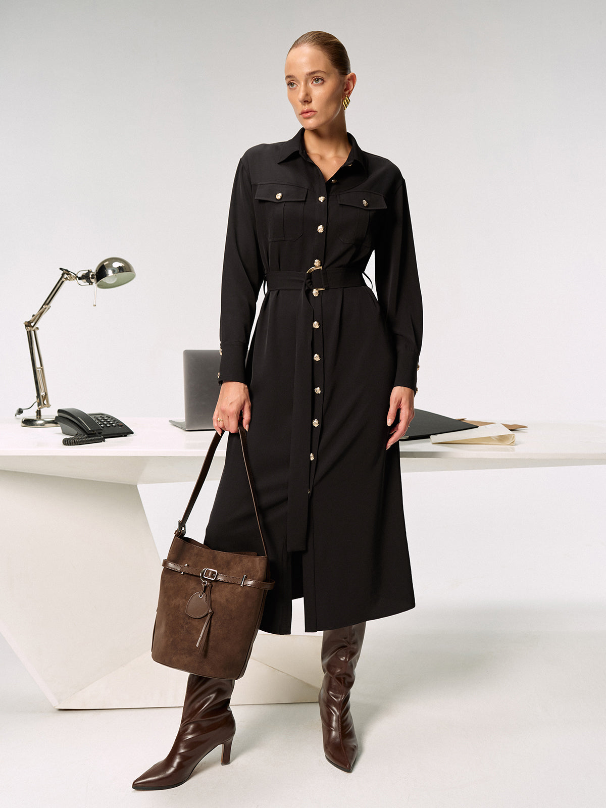 Metal Button-Front Belted Shirt Dress
