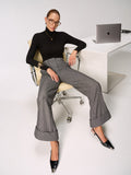 Pantalon large à revers, taille mi-haute