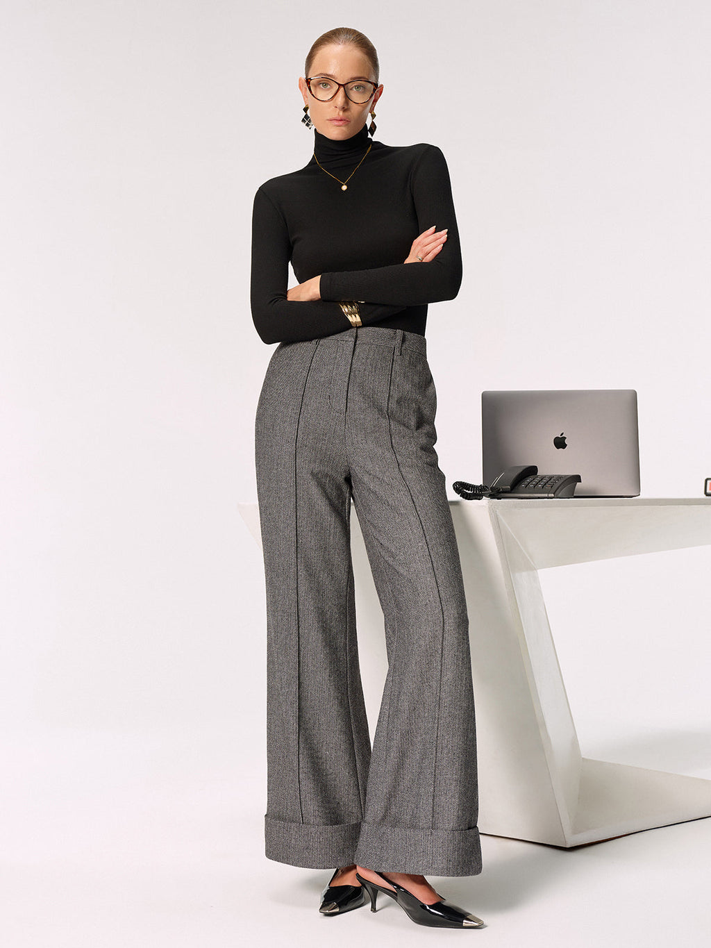 Pantalon large à revers, taille mi-haute