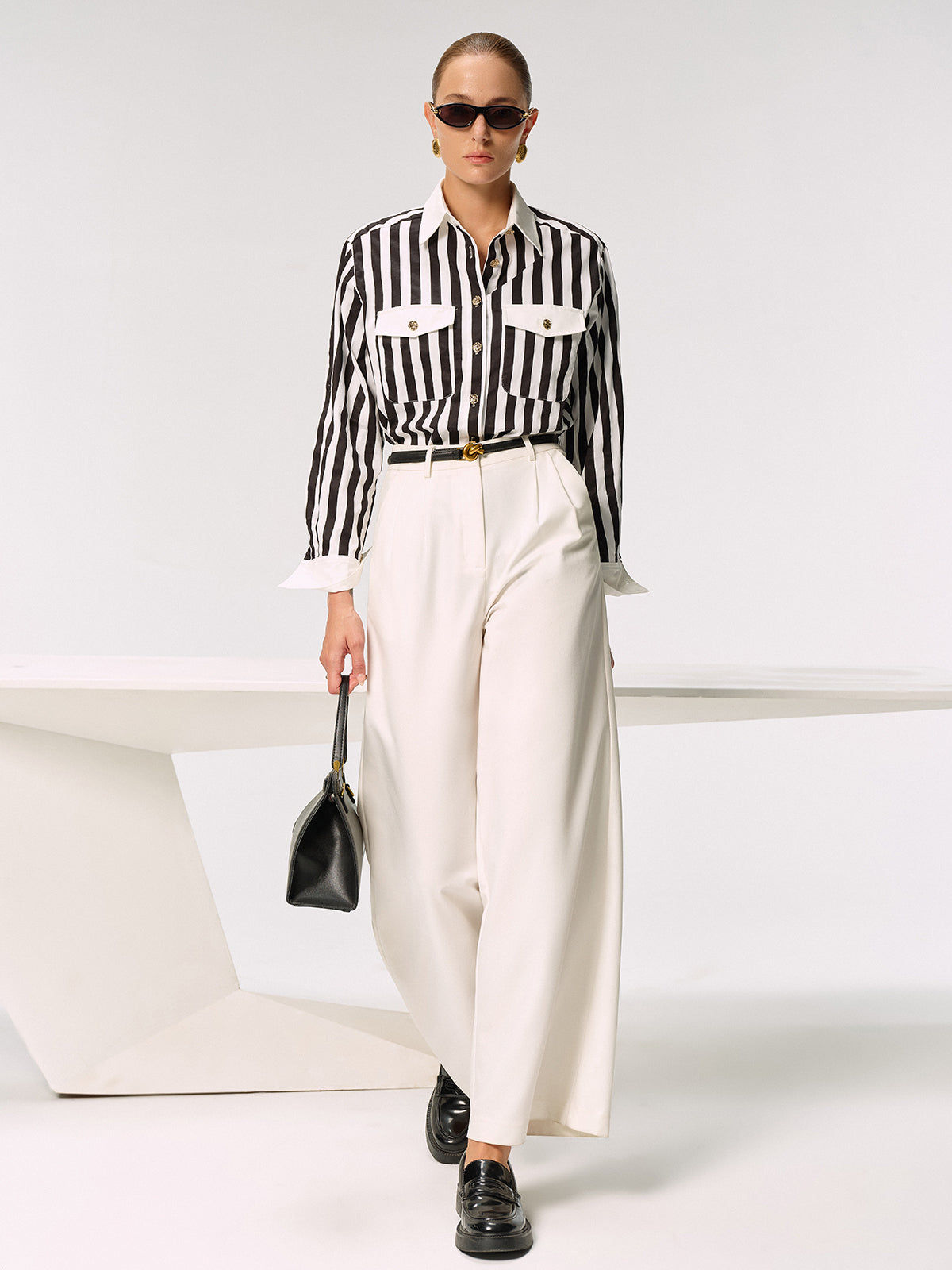 Cotton Blend Striped Metal Button Shirt