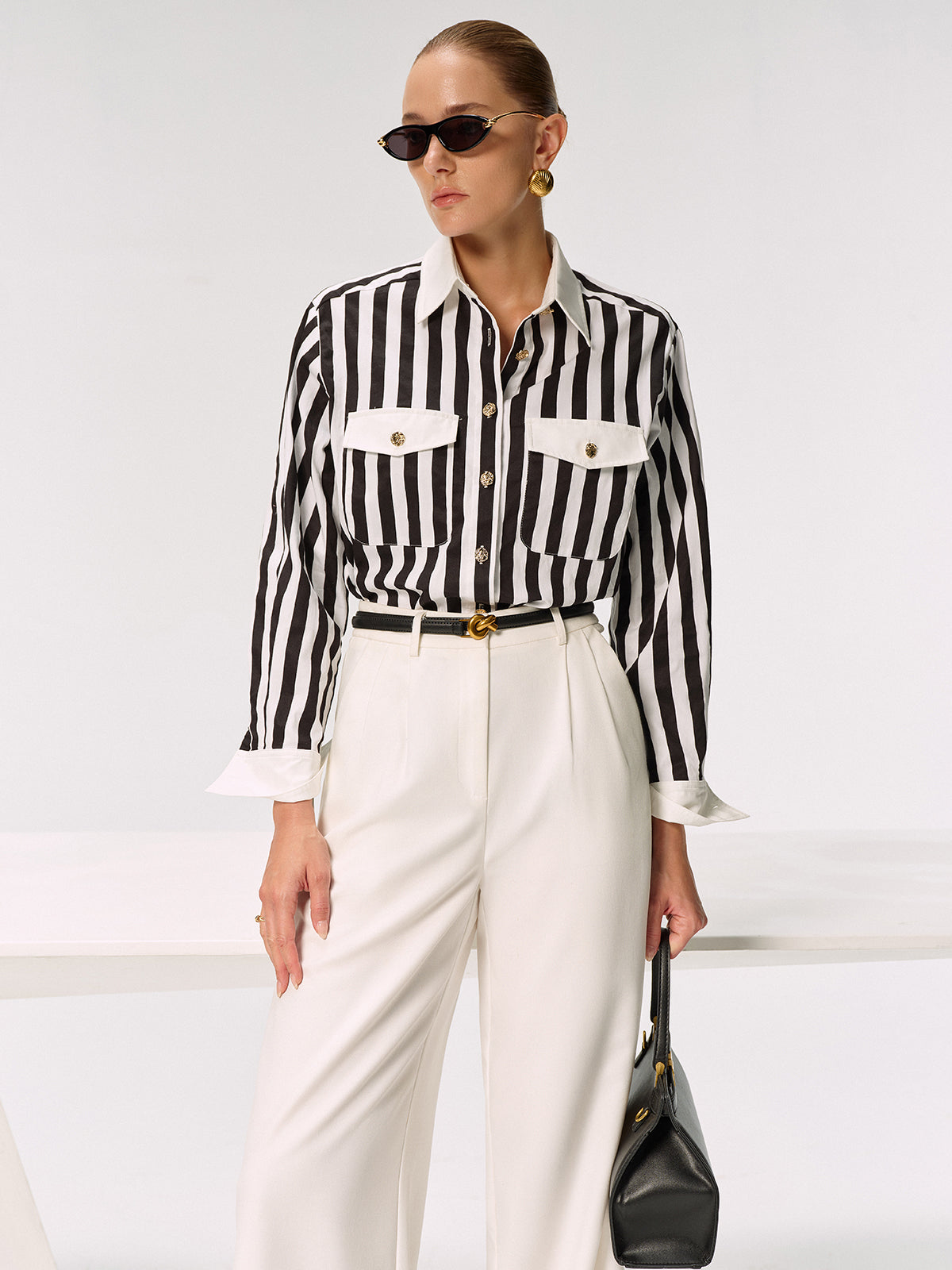 Cotton Blend Striped Metal Button Shirt