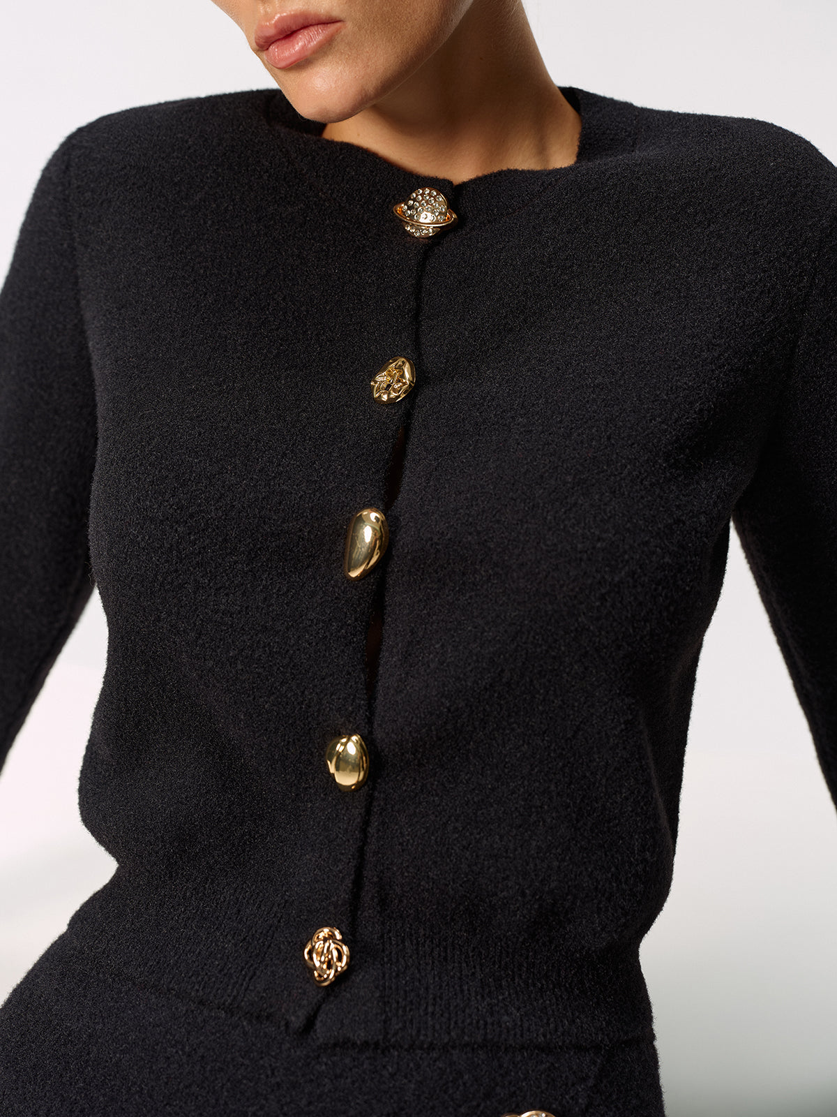 Metal Button Cardigan and Asymmetric Skirt Set