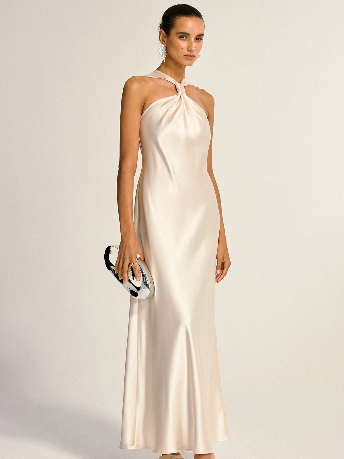 Satin Halter Neck Slit Back Maxi Dress
