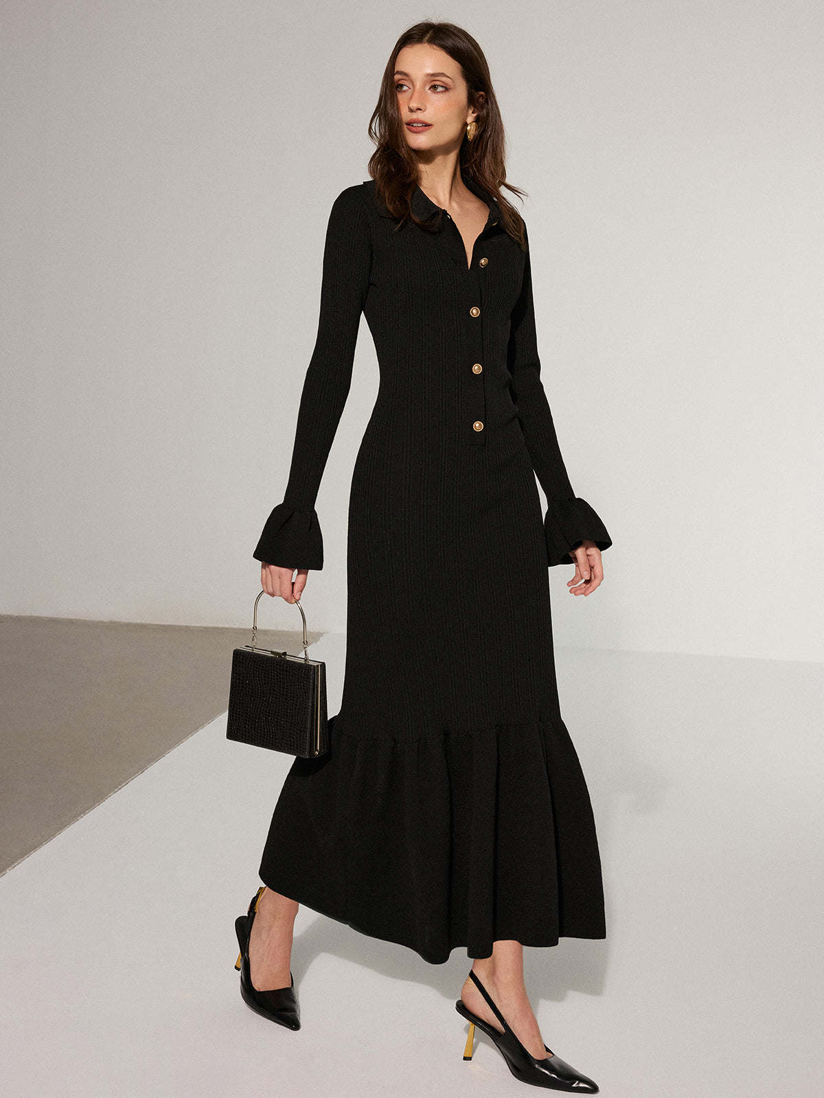 Mermaid Hem Collared Knit Maxi Dress