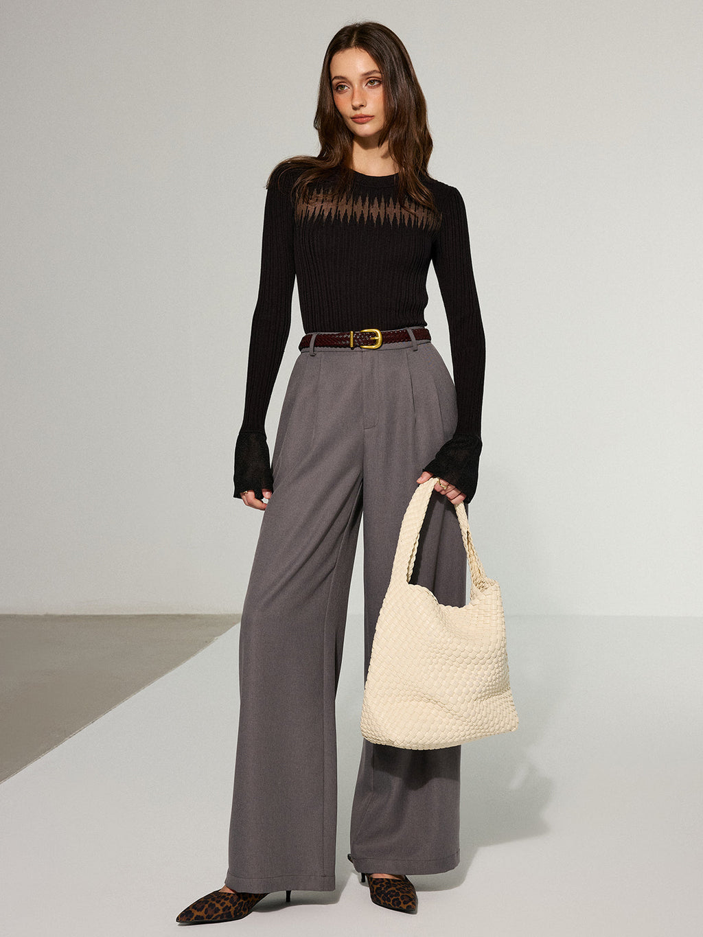 Flared Cuff Sheer Panel Knit Top