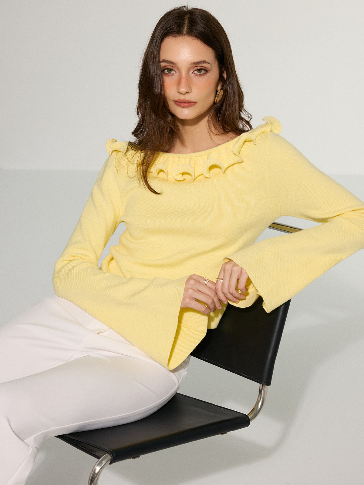 Off-Shoulder Ruffled Collar Flared Sleeve Sweater