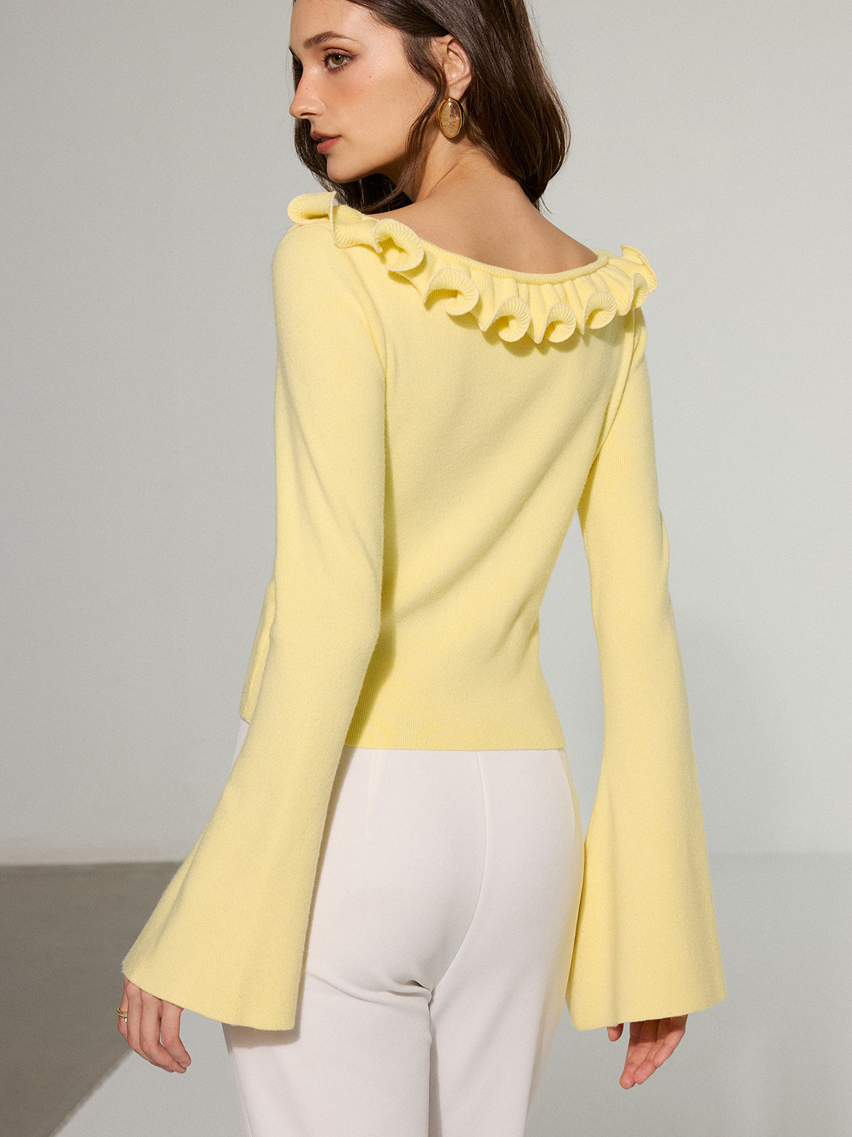 Off-Shoulder Ruffled Collar Flared Sleeve Sweater