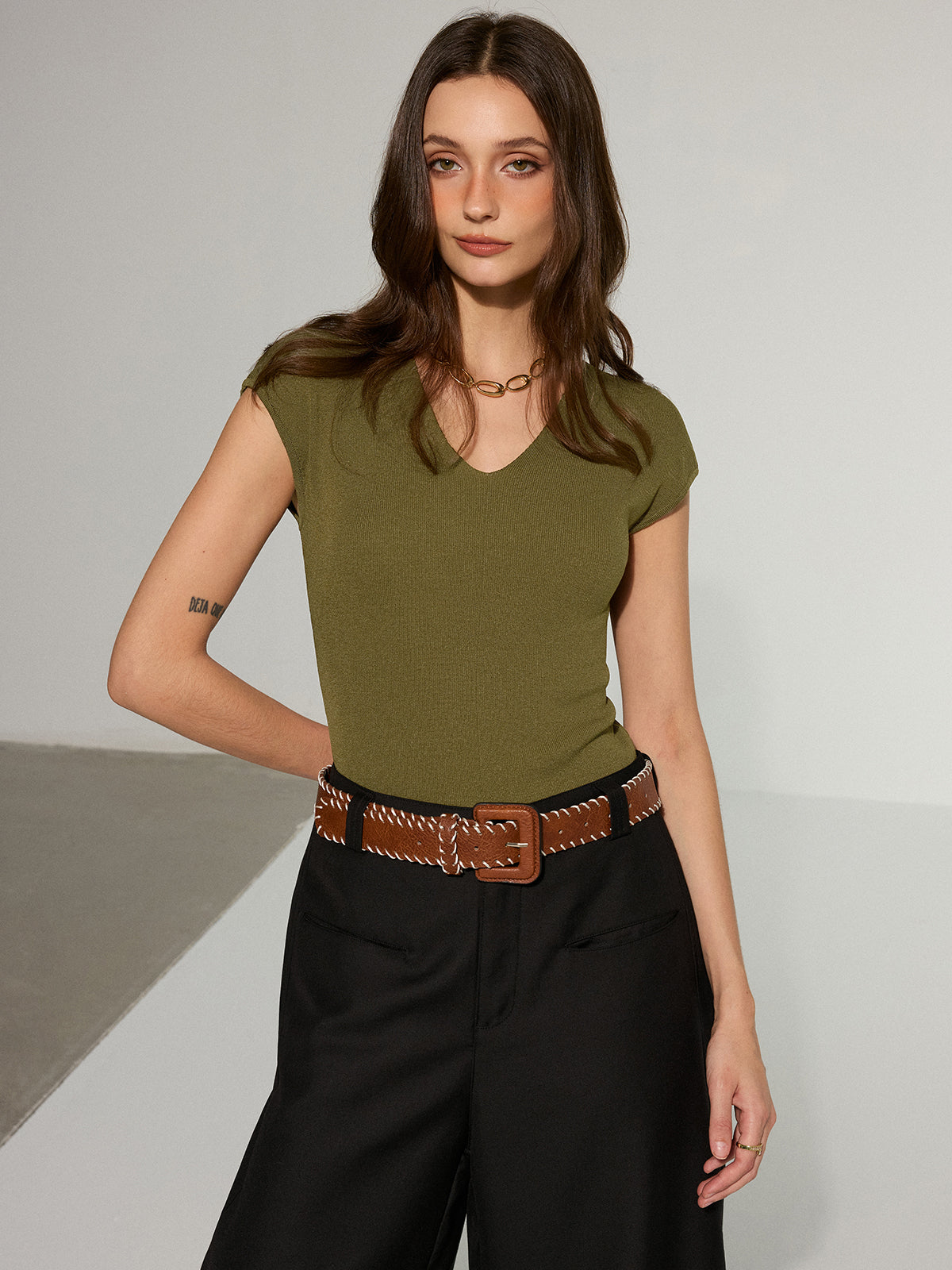 V-Neck Cap-Sleeve Knit Top