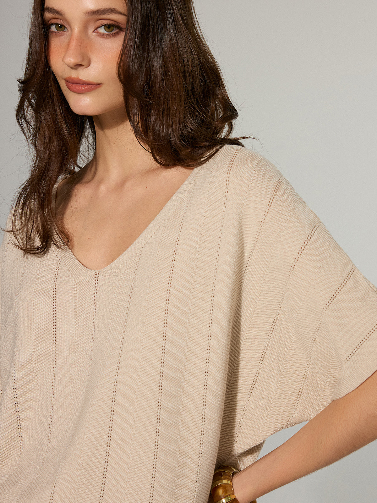 Textured Wool Blend V-Neck Sweater