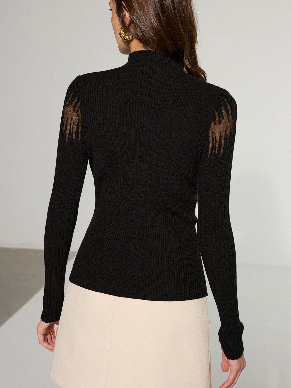 Mandarin Collar Sheer Panel Ribbed Knit Top
