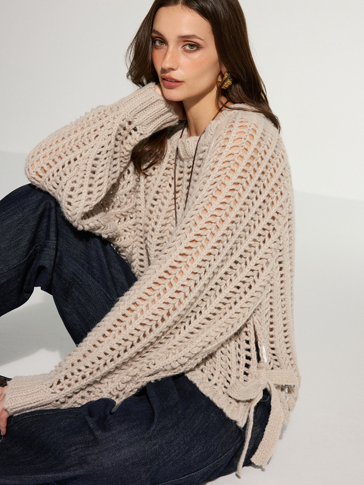 Side Tie Oversized Open-Knit Sweater