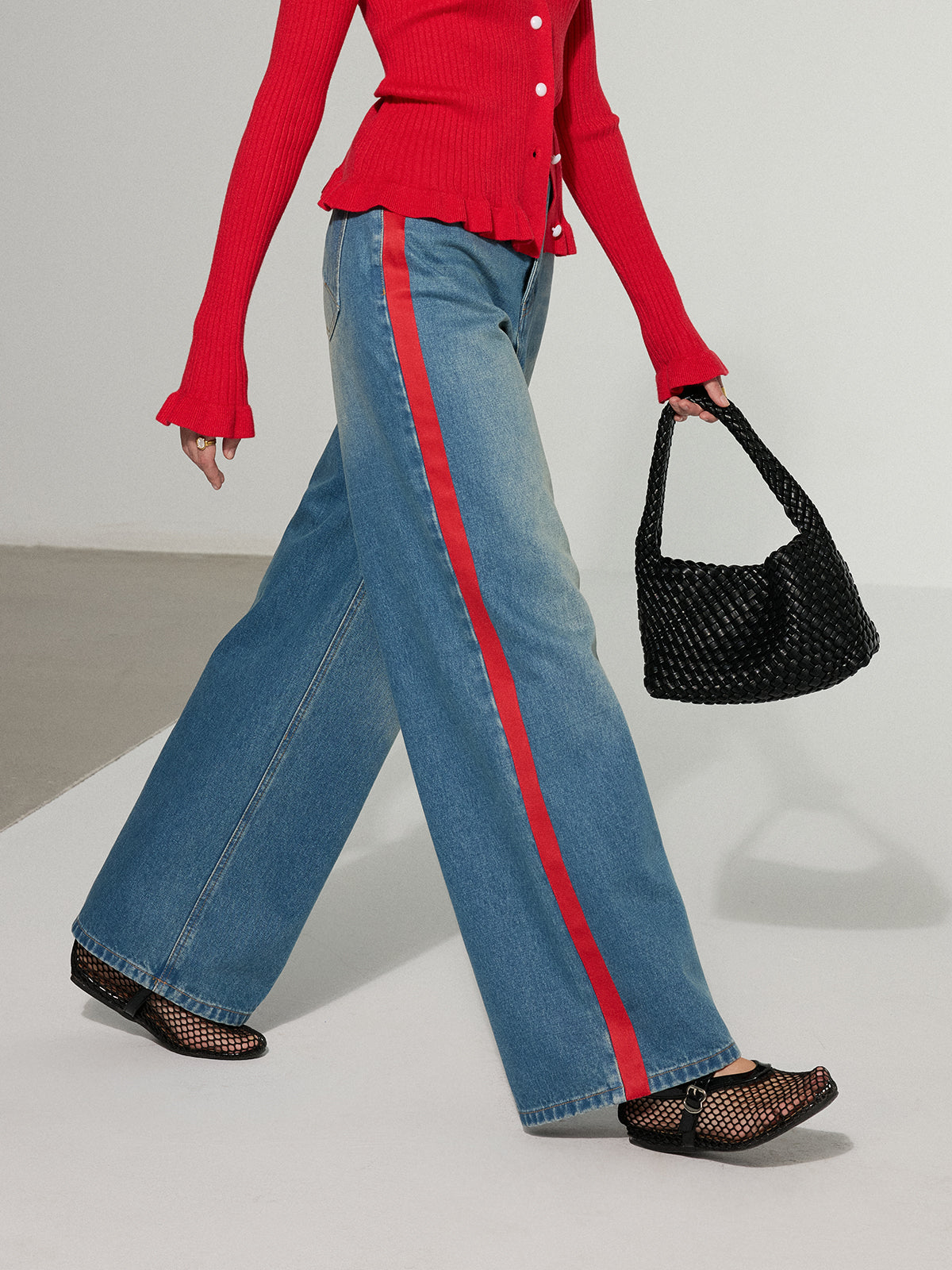 Contrast Side Striped Wide-Leg Jeans