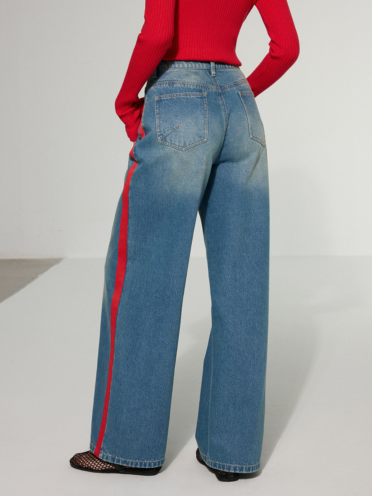 Contrast Side Striped Wide-Leg Jeans