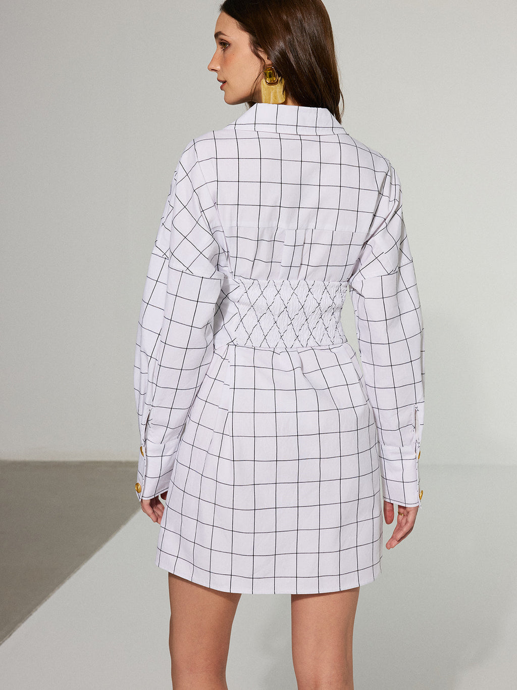 Metal Button Checked Cotton Shirt Dress