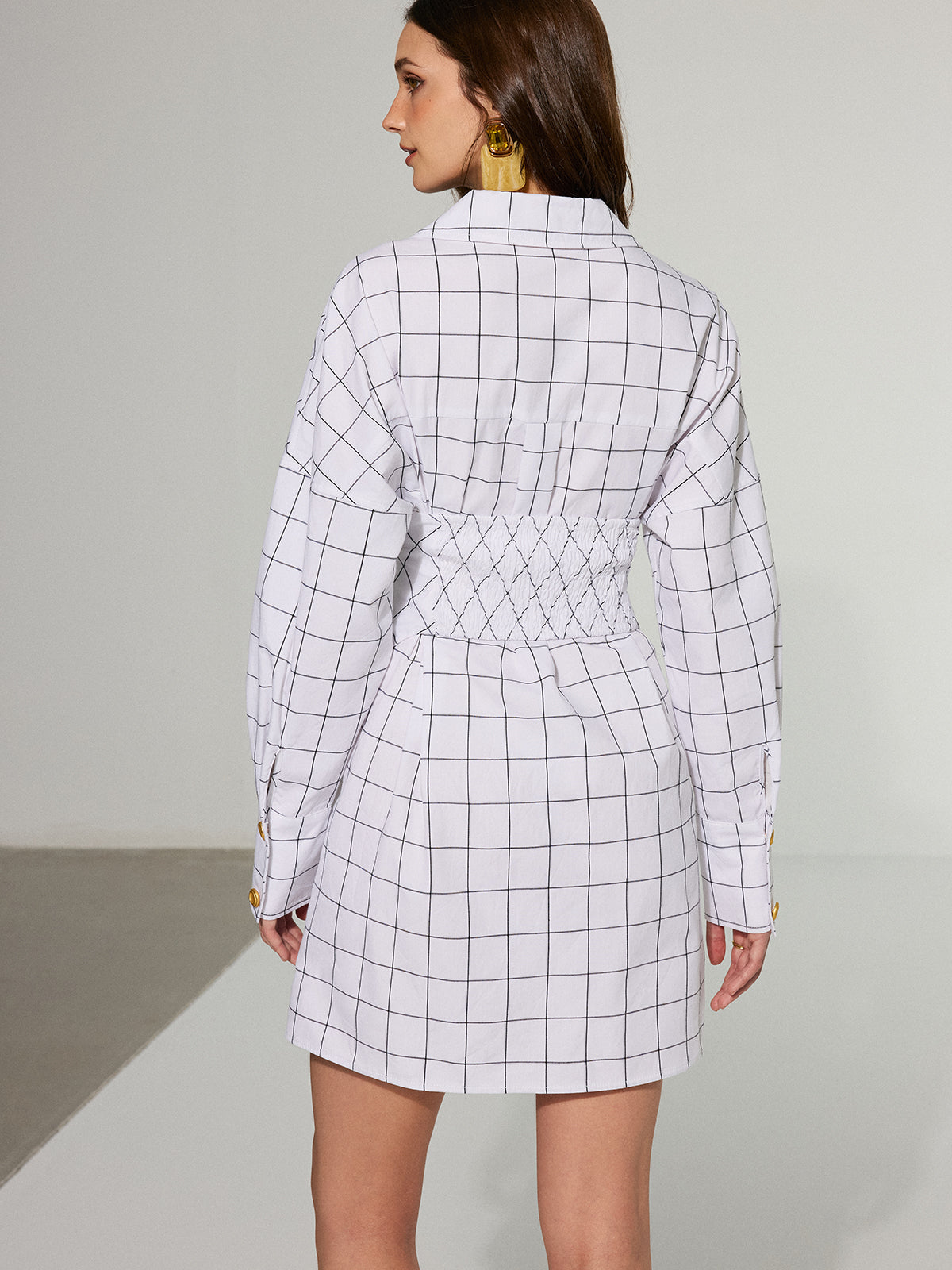 Metal Button Checked Cotton Shirt Dress