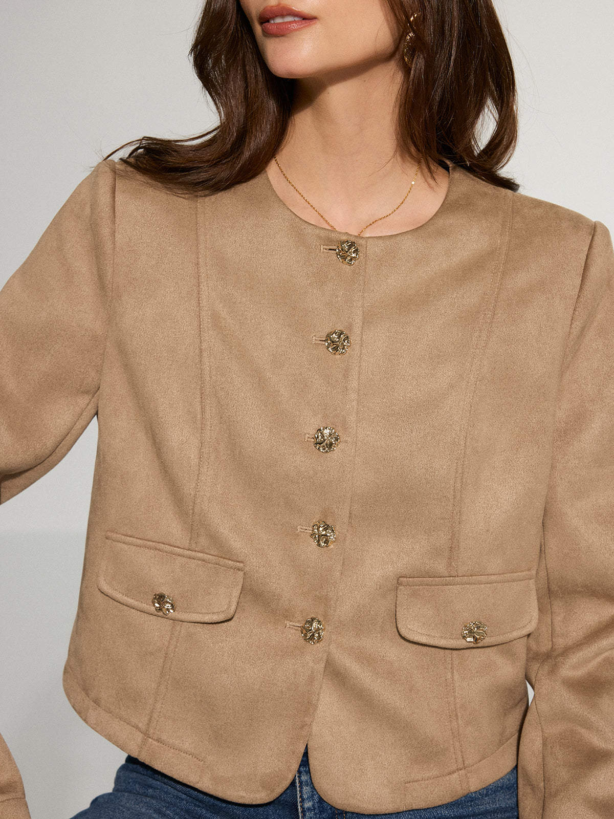 Metal Button Suede Effect Blazer