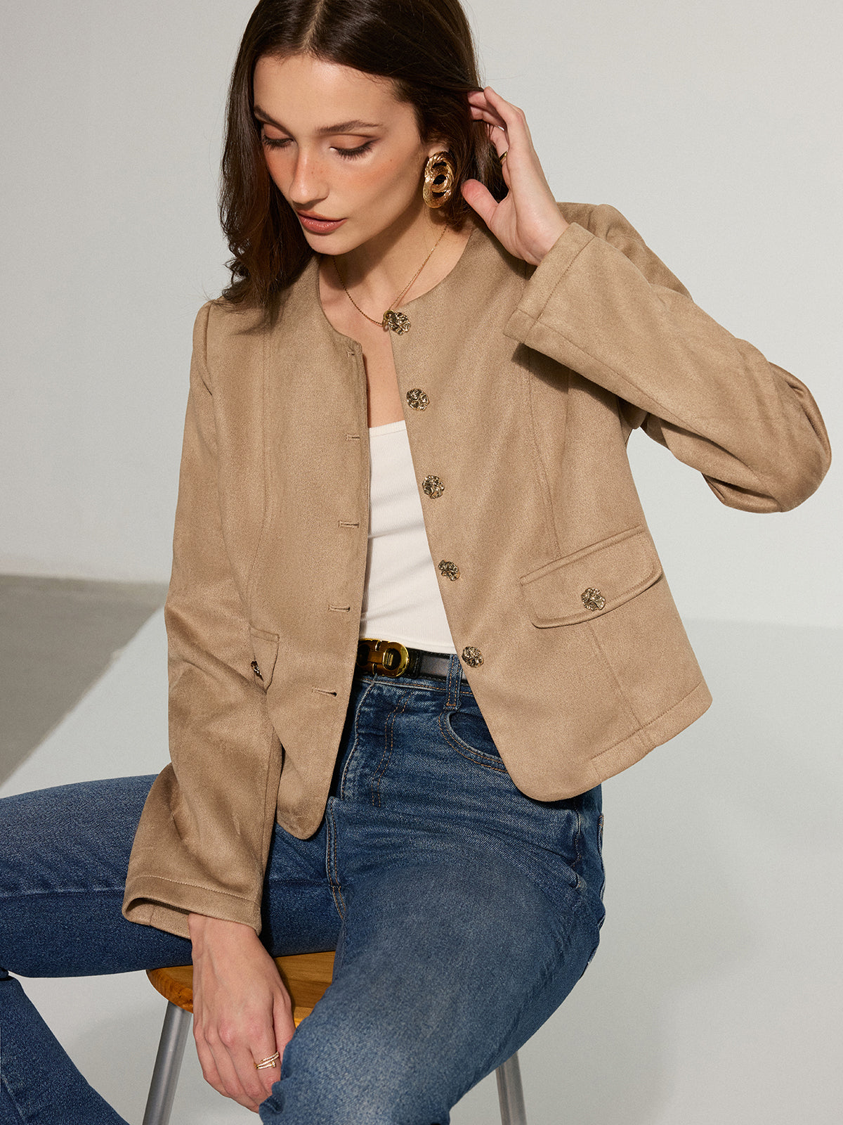 Metal Button Suede Effect Blazer