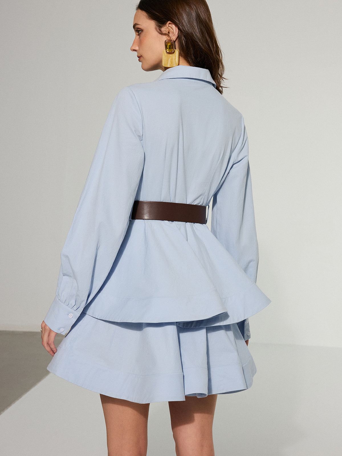 Belted Zip-From Cotton Tiered Shirt Dress