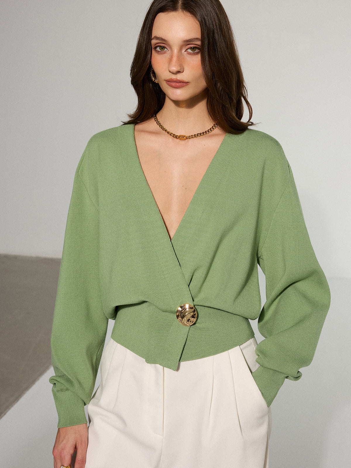 Metal Decor Waisted Knitted Wrap Cardigan