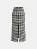 Houndstooth Tweed Slit Front Maxi Skirt