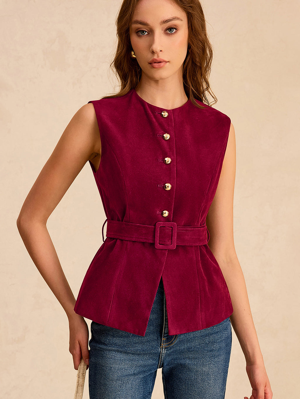 Suede Effect Vest with Belt