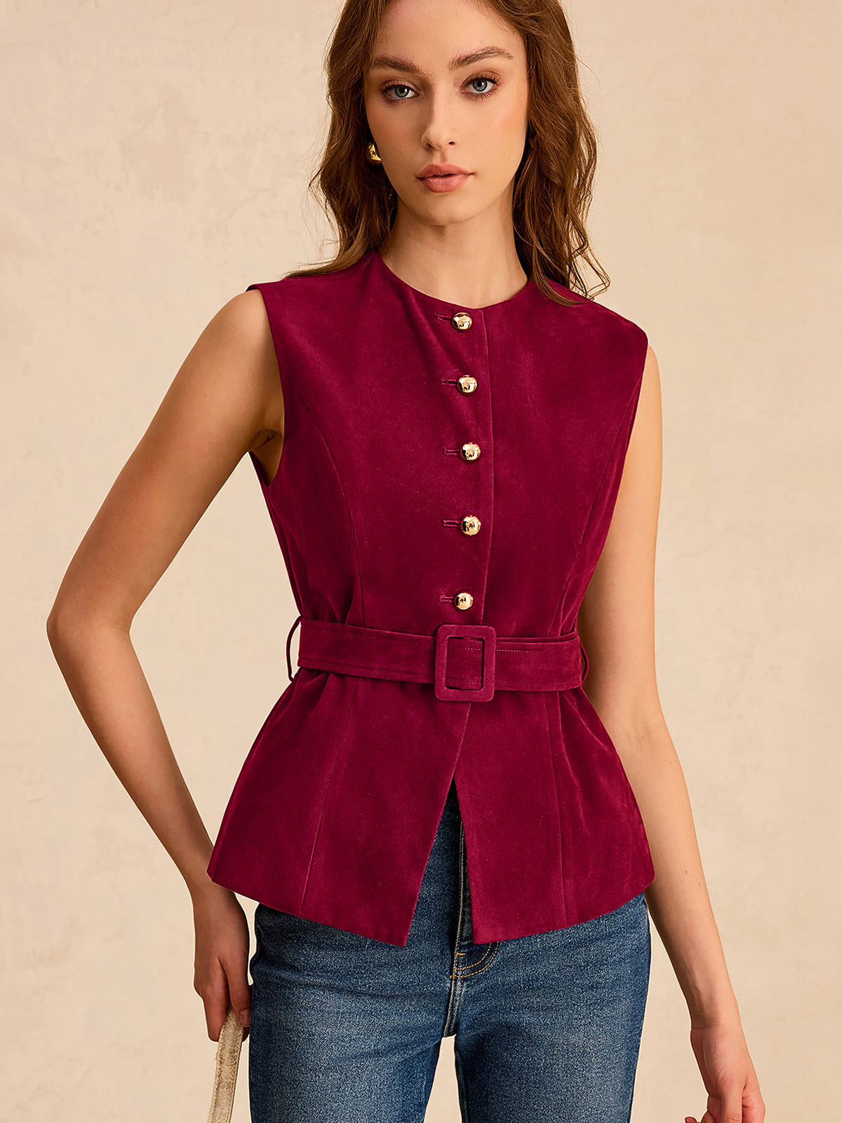 Suede Effect Vest with Belt