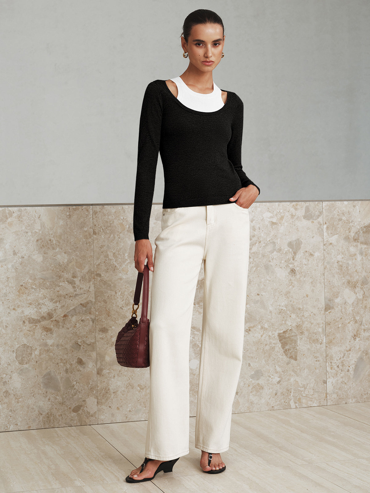 2-in-1 Wollmischgewebe-Layer-Cut-Out-Stricktop